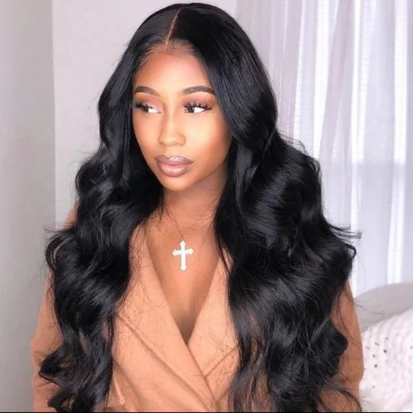 30” BLACK CELEB STATUS BLACK A WAVY LACEFRONT WIG Blonde Streaked Bangs Black Wavy Lace Front Wig. Visage by  main image 4